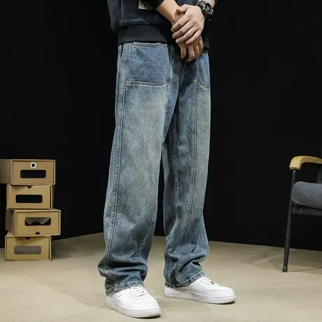 直筒牛仔裤男春季2024新款拼接阔腿宽松大码潮牌长裤子男裤春秋款商品大图