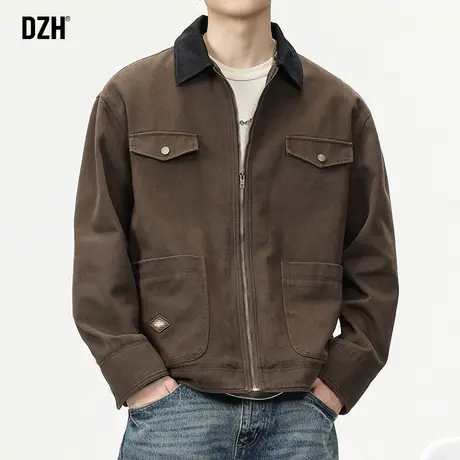 男士咖啡色工装外套男秋季教练夹克潮牌男装2024新款秋装男款上衣商品大图