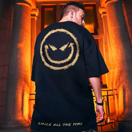 笑脸大码T恤男短袖cec超火港风情侣半袖国潮嘻哈鬼脸潮牌五分袖商品大图