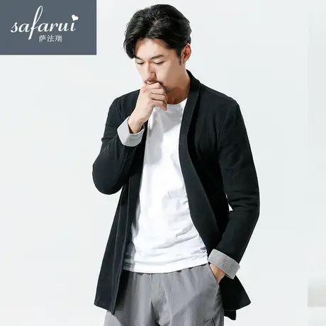 男装风衣男士春秋款休闲棉麻开衫秋季 亚麻外套男薄款中长款黑色商品大图