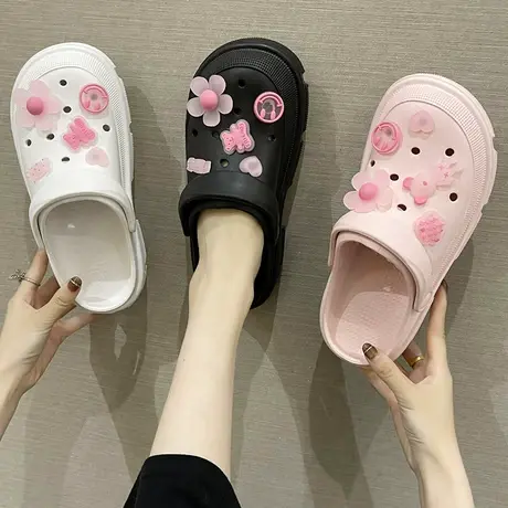 洞洞鞋女夏季外穿ins潮时尚可爱夜光小熊松糕厚防滑包头半拖鞋商品大图