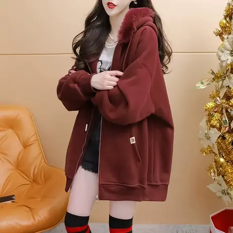 加绒加厚连帽卫衣开衫外套女2024新款春季宽松慵懒风洋气百搭上衣图片