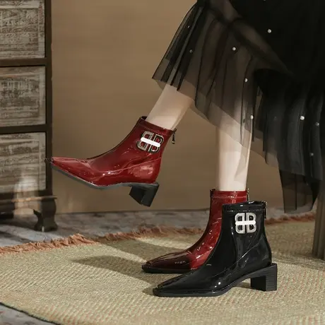 短靴女2024年秋冬新款百搭时装靴粗跟尖头后拉链马丁靴中筒瘦瘦靴图片