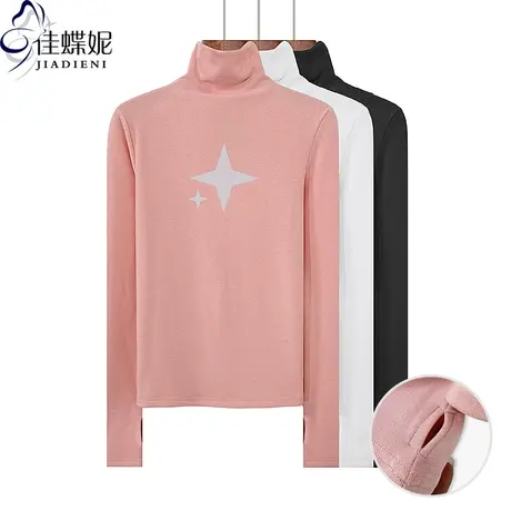 春秋新款高领修身显瘦纯棉星星印花套指设计长袖体恤上衣女打底衫商品大图
