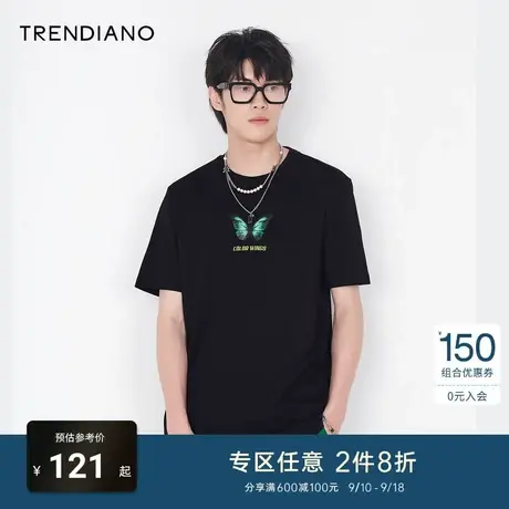 TRENDIANO官方潮牌男装夏季时尚潮流蓝闪蝶印花T恤男纯棉圆领短袖商品大图