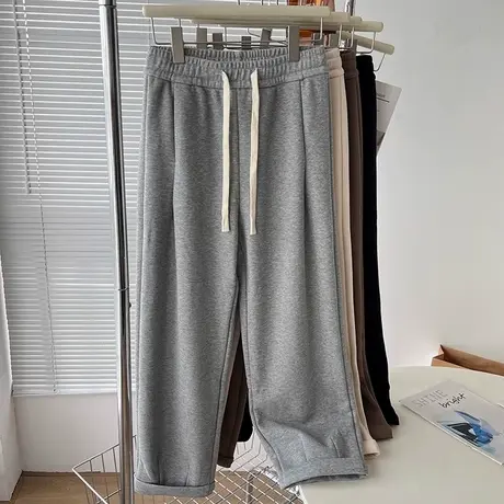 阔腿休闲裤女秋冬季加绒加厚卷边长裤韩版chic港风高腰宽松直筒裤商品大图