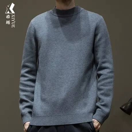 希越半高领一体绒针织毛衣男冬季保暖新款宽松大码男士纯色毛线衣商品大图