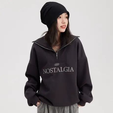 尔给美式复古加绒加厚海军领半拉链卫衣女2022新款韩系上衣秋冬图片