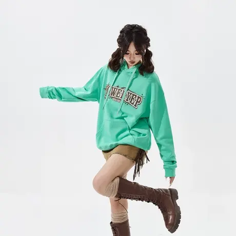 YEP字母印花连帽卫衣女2024新款春秋款复古提夫尼绿宽松外套上衣商品大图
