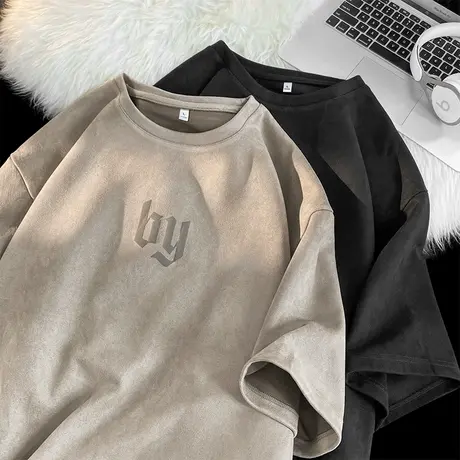 发泡印花重磅短袖t恤男夏季麂皮绒美式复古潮牌高级感情侣装体恤商品大图