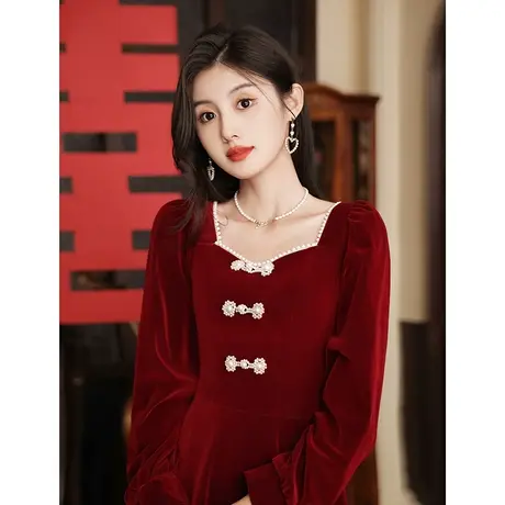 敬酒服新娘2023新款冬季长袖结婚订婚礼服连衣裙回门法式钉珠方领商品大图