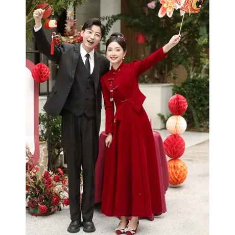 长袖敬酒服2023新款新娘秋冬季加绒高级感订婚礼服秀禾服回门冬天图片