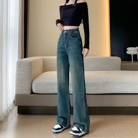 复古阔腿牛仔裤女春秋新款2024年设计感高腰直筒裤宽松显瘦拖地裤图片