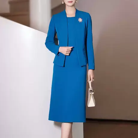 蓝色时尚职业套装女春秋2025新款时尚气质端庄修身显瘦裙子两件套商品大图
