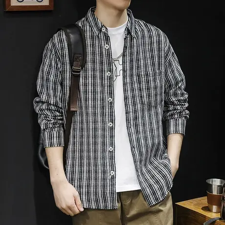 春季2024新款条纹衬衫男长袖男装大码男士衬衣外套上衣休闲春秋款商品大图