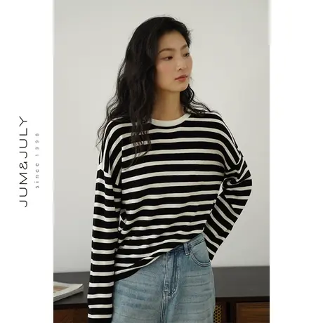 嘉茱莉2024早春新款复古条纹针织衫女宽松内搭打底衫套头针织上衣商品大图