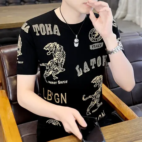 短袖男款夏季潮牌高端老虎烫钻冰丝t恤凉感滑料美式半袖2023新款商品大图