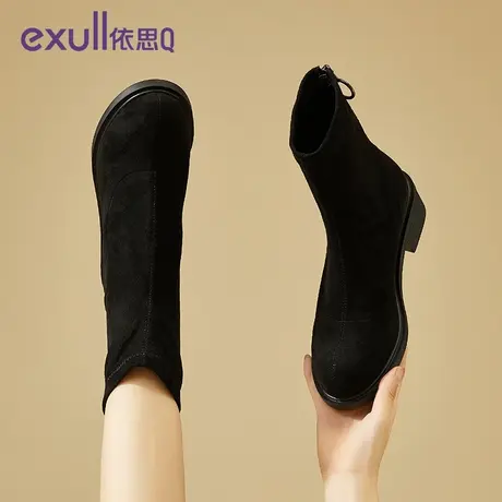 依思Q法式小短靴女2023年新款复古绒面弹力瘦瘦靴子秋平底马丁靴图片