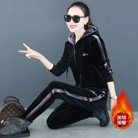 休闲运动套装女秋冬款时尚洋气中年妈妈加绒加厚金丝绒卫衣两件套商品大图