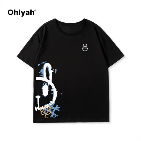 Ohlyah卡通兔子黑色短袖T恤女夏季新款宽松小众潮牌情侣纯棉t上衣商品大图