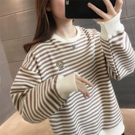 条纹圆领卫衣韩版减龄显瘦秋季新款2023早秋上衣外穿百搭时尚女士商品大图
