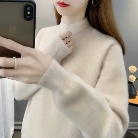 半高领水貂绒毛衣女加厚打底衫2023秋冬新款外穿针织衫内搭上衣潮商品大图