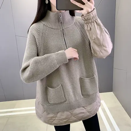 假两件棉服女早春2023新款韩版宽松显瘦针织毛衣拼接加厚套头上衣商品大图