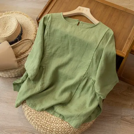 中袖宽松亚麻上衣文艺复古棉麻T恤小众设计休闲百搭2022春夏新款图片