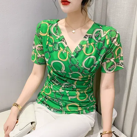 气质印花T恤女短袖2023夏装新款性感V领网纱小衫设计感别致上衣潮商品大图