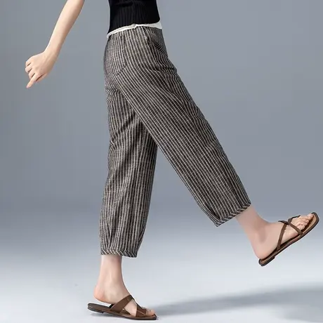 条纹棉麻裤子女夏季薄款亚麻女裤2023新款小个子九分哈伦裤灯笼裤商品大图