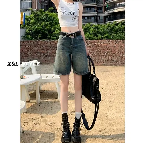 高腰牛仔短裤女春秋季2023年新款直筒宽松小个子阔腿热裤五分裤子图片