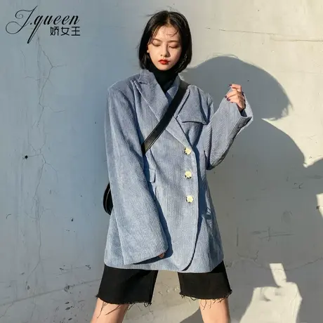 灯芯绒西装外套女加厚加绒秋冬新款复古宽松休闲中长款网红小西服图片