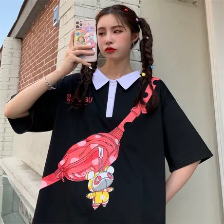 翻领polo衫短袖t恤女夏季宽松韩版设计感小众chic港味上衣服ins潮商品大图