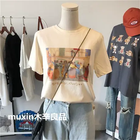 短袖t恤女夏季2021新款韩版ins潮油画印花百搭洋气宽松半袖上衣服商品大图