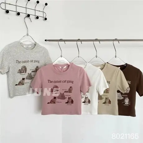 白色正肩t恤女短袖夏猫咪印花修身短款体恤小个子辣妹显瘦上衣bm图片