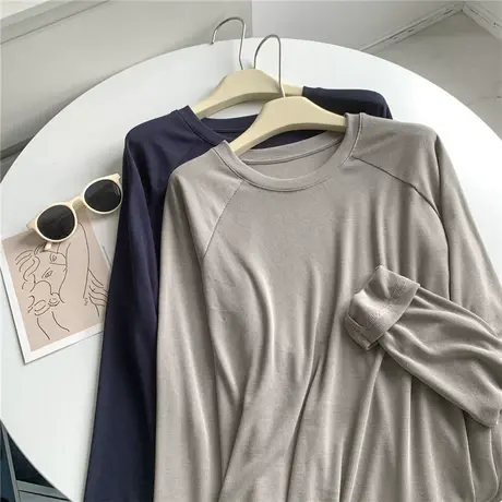 欧版宽松大码坑条插肩袖长袖T恤打底衫女秋季慵懒风纯色上衣女商品大图