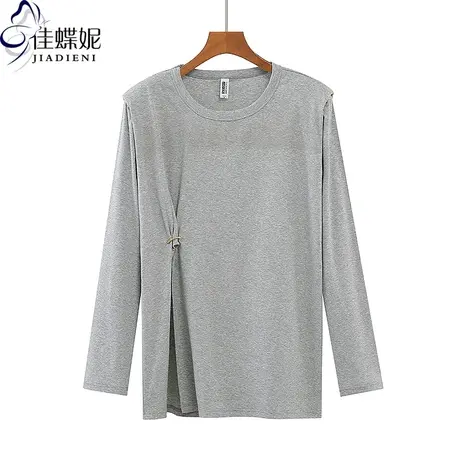 春秋新款圆领宽松中长款纯棉大码侧开叉纯色长袖体恤上衣休闲女装商品大图