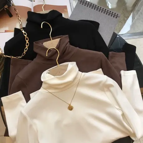 大码秋冬加绒高领胖mm宽松打底衫女德绒磨毛保暖内搭长袖T恤ins潮商品大图