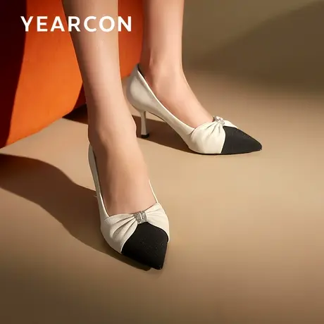 意尔康尖头浅口细跟高跟鞋2023年秋季新款单鞋女蝴蝶结通勤工作鞋商品大图
