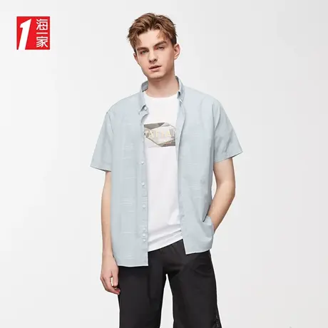 海一家扣领尖领短衬2023夏季新款简约线条花纹男士青年短袖衬衫图片