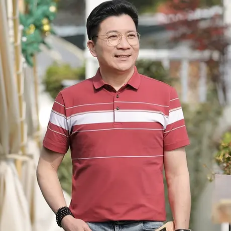 高端喜爸爸装参加结婚宴礼服公公纯棉短袖t恤男士中老年红色夏季商品大图