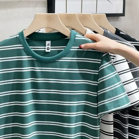 短袖t恤男潮牌条纹夏季痞帅半袖2023新款休闲百搭半截袖体恤薄款商品大图