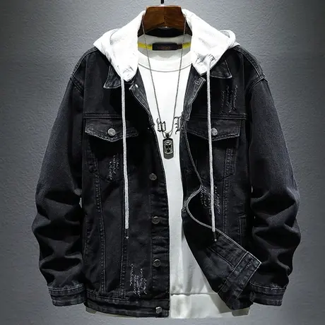 男潮上衣2022年新款时尚翻领宽松休闲工装牛仔夹克时尚宽松外套男图片