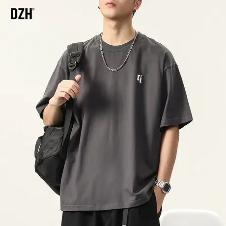 男士深灰色重磅短袖t恤男夏季纯棉2023年新款刺绣上衣宽松五分袖商品大图