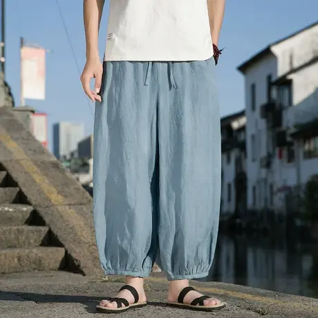 纯亚麻男九分裤夏季轻薄款柔软透气大码中国风灯笼裤潮休闲哈伦裤商品大图