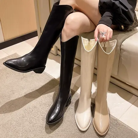 长筒靴女尖头2023新款春秋单靴白色高筒靴显瘦骑士靴不过膝长靴子图片