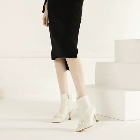 尖头细跟短靴女2023新款春秋百搭单靴法式珍珠高跟鞋性感瘦瘦裸靴商品大图