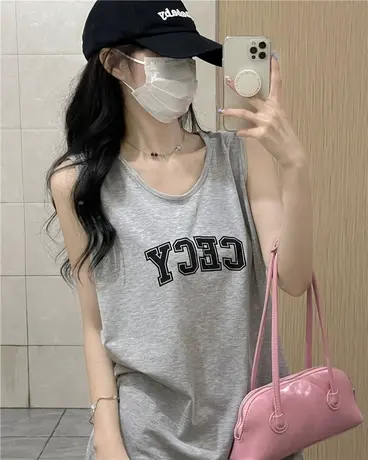 美式复古纯棉吊带运动坎肩背心无袖t恤女夏外穿宽松港风挂脖上衣图片