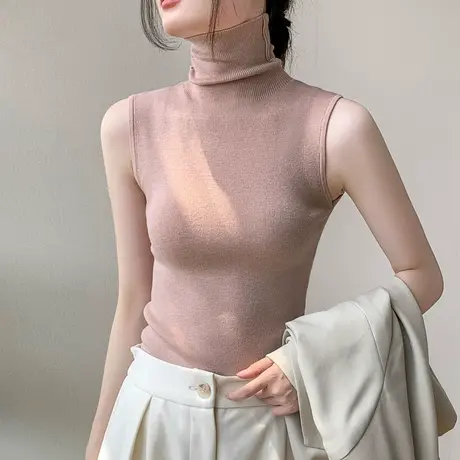 高领羊毛针织背心女2023秋冬新品修身减龄打底衫纯色坎肩无袖上衣商品大图