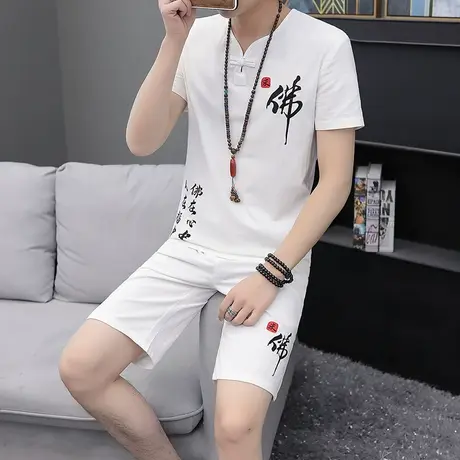 夏季亚麻套装男士棉麻短袖t恤潮流半袖青年休闲中国风刺绣两件套图片